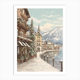 Vintage Winter Illustration Hallstatt Austria 2 Art Print