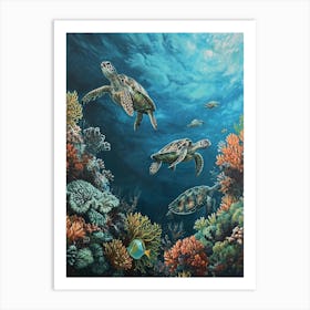 Sea Turtles With A Coral Reef Expressionism Style Painting 3 Art Print