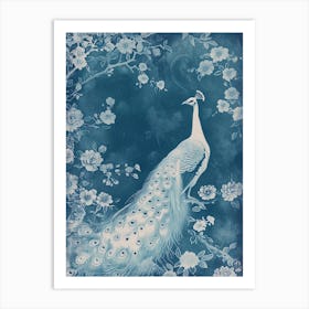 Vintage Cyanotype Inspired Peacock With Blossom 4 Art Print