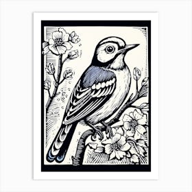 B&W Bird Linocut Blue Jay 1 Art Print