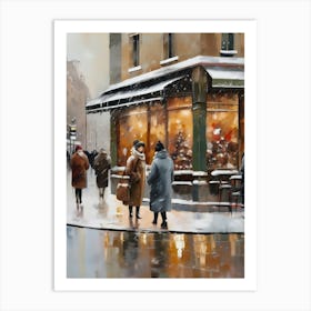 Paris cafes, winter season, Christmas, autumn oil colors, pale colors, pedestrians in the street, winter clothes, falling snow.6 1 Art Print