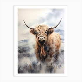 Watercolour Of Highland Cow In The Storm 3 Art Print