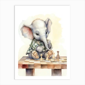 Elephant Painting Playing Chess Watercolour 1 Art Print