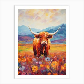 Highland Cow Impressionism Inspired Painting With Colourful Flowers  Art Print
