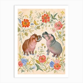 Folksy Floral Animal Drawing Hippo 2 Art Print