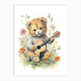 Playing Music Watercolour Lion Art Painting 2 Art Print