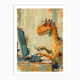 Spikey Mustard Dinosaur On A Computer Art Print