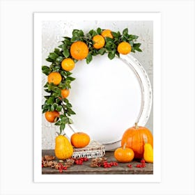 A Captivating Autumnal Scene Showcasing Ripe Oranges And Vibrant Pumpkins Resting On A Rustic Table Art Print