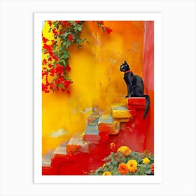 Black Cat, stairs, flowers, colors Art Print