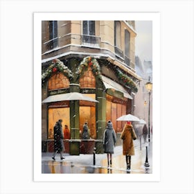 Paris cafes, winter season, Christmas, autumn oil colors, pale colors, pedestrians in the street, winter clothes, falling snow.Christmas decorations.6 1 Art Print