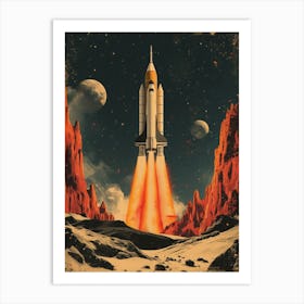 Space Odyssey: Retro Poster featuring Asteroids, Rockets, and Astronauts: Space Shuttle Launch 2 Art Print