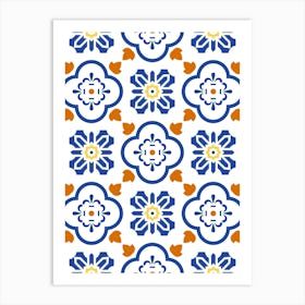 Blue And Orange Floral Pattern - Azulejo - vector tiles, Portuguese tiles Art Print