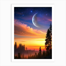 Moon And Stars , over forest with sunset Art Print