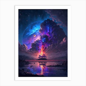 Purple Night Sky over Trees, Mountains and Lake Art Print