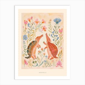 Folksy Floral Animal Drawing Armadillo 2 Poster Art Print