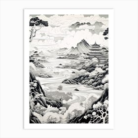 Aogashima Island In Tokyo, Ukiyo E Black And White Line Art Drawing 2 Art Print