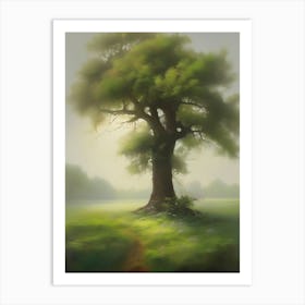 Oak tree, fine work of art, misty atmosphere, green meadow..5 Art Print