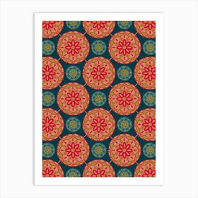 MOSAIQUE Bohemian Floral Mandala Tiles in Exotic Red Green Blush Sand Blue on Dark Teal Art Print