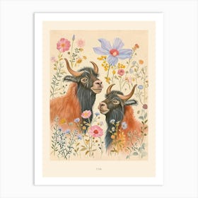 Folksy Floral Animal Drawing Yak 4 Poster Art Print