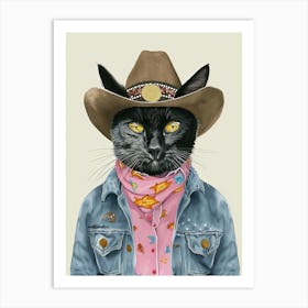 Black Cat Cowboy Quirky Western Print Pet Decor 2 Art Print