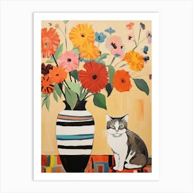 Anemone Flower Vase And A Cat, A Painting In The Style Of Matisse 1 Art Print