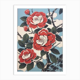 Benifuuki Japanese Tea Camellia Vintage Botanical Woodblock Art Print