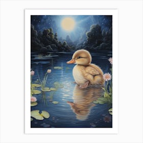 Duckling Swimming In The Pond In The Moonlight Pencil Illustration 3 Art Print