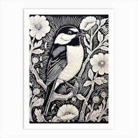 B&W Bird Linocut Carolina Chickadee 2 Art Print