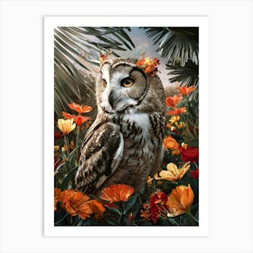 Owl In Flower Garden Art Print