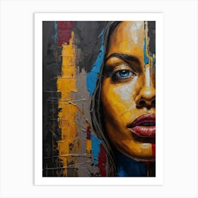 Half-Face Female Art with Expressive Brushstrokes – Gold, Blue, Red Poster