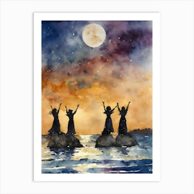 Sea Witches ~ Lunar Goddess Drawing Down The Moon ~ Witchy Pagan Manifesting Spells Watercolour Wiccan Artwork Art Print