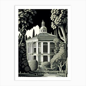 Villa Medici, Italy Linocut Black And White Vintage Art Print
