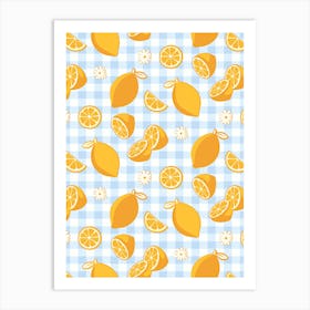 Lemon Pattern on Baby Blue Gingham Art Print