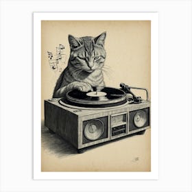 Cat Playing Turntable Art Print