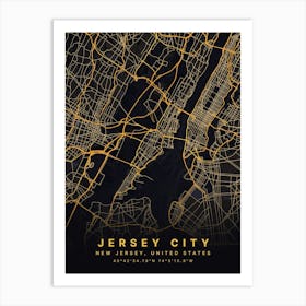 Jersey City New Jersey Black And Gold Map Art Print