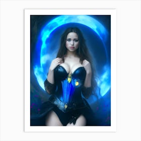 Blue woman female fantasy lady painting glowing glitter romantic beautiful Art Print