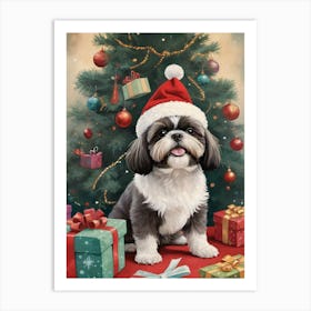 Christmas Shih Tzu Dog Wear Santa Hat (4) Art Print