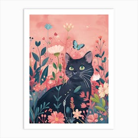 Black Cat In Flowers 6 Art Print