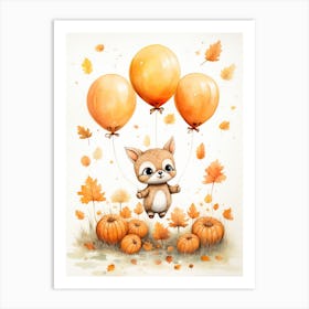 Deer Flying With Autumn Fall Pumpkins And Balloons Watercolour Nursery 1 Art Print