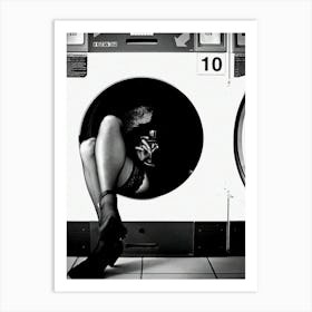 Woman Drinking Wine In Washing Machine Art Print