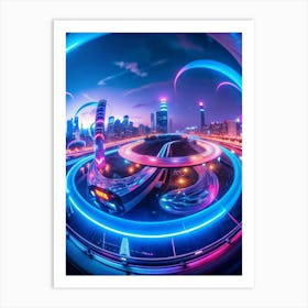 A Vibrant, Futuristic Cityscape At Night With Light Trails From Traffic And Neon Accents On Buildings, Taken With A Fisheye Lens Art Print