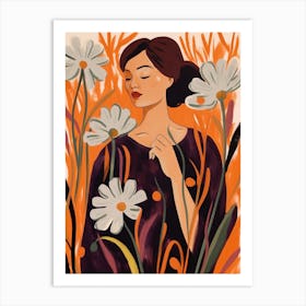 Woman With Autumnal Flowers Flax Flower 2 Art Print
