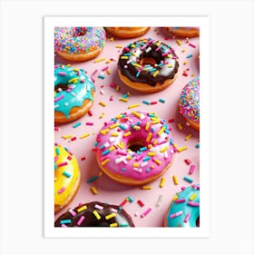 Colorful Donut Pattern Interlaced With Confetti And Ribbons High Saturation Texture Detail On Don (1) Art Print