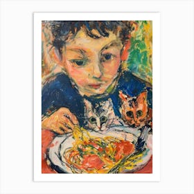 Portrait Of A Boy With Cats Having Pasta 2 Art Print