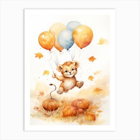 Lion Flying With Autumn Fall Pumpkins And Balloons Watercolour Nursery 4 Art Print