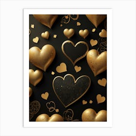 Gold Hearts On Black Background Art Print