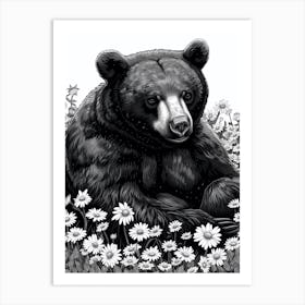 Malayan Sun Bear Resting In A Field Of Daisies Ink Illustration 3 Art Print
