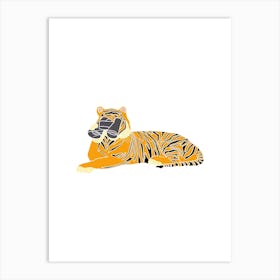 Tiger With Binoculars Hunting Prey, Fun Safari Animal Print, Portrait Art Print