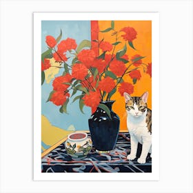 Freesia Flower Vase And A Cat, A Painting In The Style Of Matisse 1 Art Print