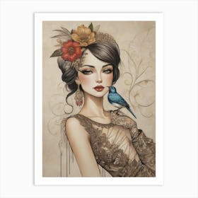 Lady With A Bird Art Print